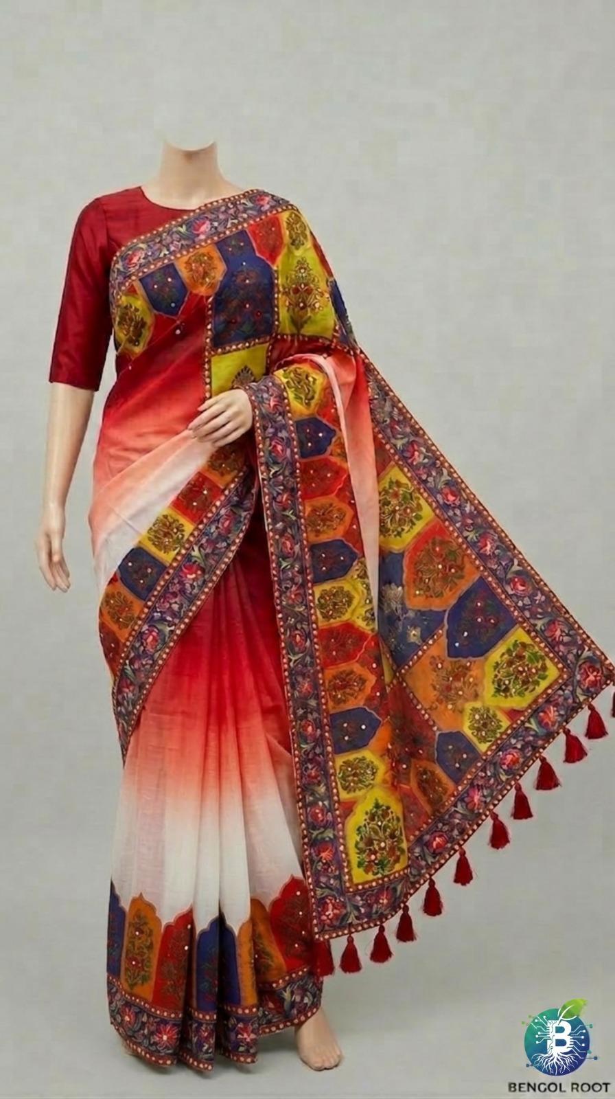 এলিগ্যান্ট গ্রেডিয়েন্ট প্রিন্টেড হাফ সিল্ক ট্র্যাডিশনাল বর্ডার ডিজাইনসহ