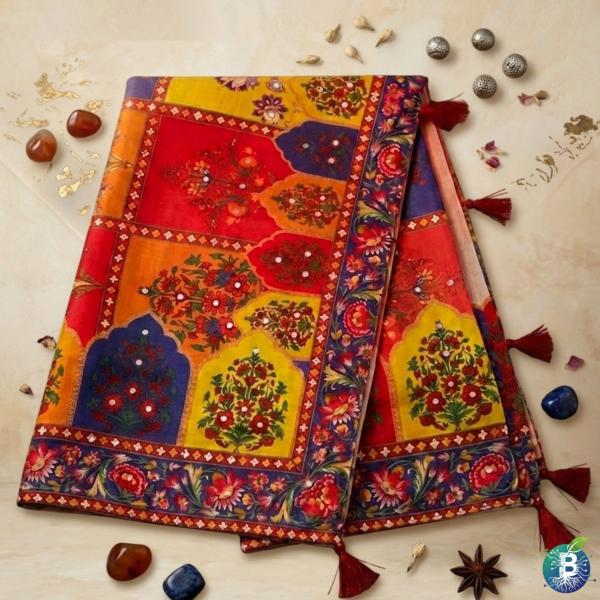 এলিগ্যান্ট গ্রেডিয়েন্ট প্রিন্টেড হাফ সিল্ক ট্র্যাডিশনাল বর্ডার ডিজাইনসহ