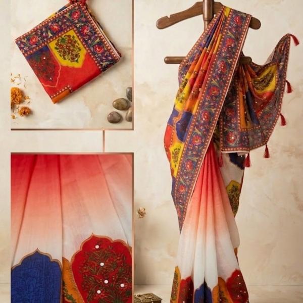 এলিগ্যান্ট গ্রেডিয়েন্ট প্রিন্টেড হাফ সিল্ক ট্র্যাডিশনাল বর্ডার ডিজাইনসহ